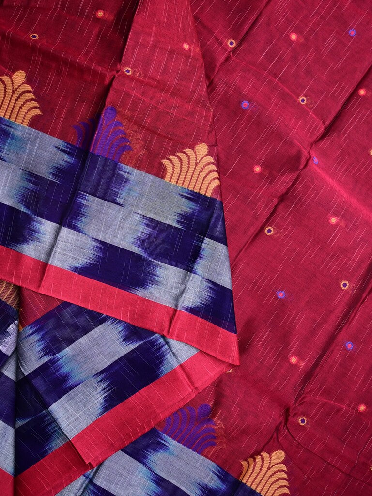 Dhaka cotton saree maroon color allover motifs & contrast border with contrast pallu