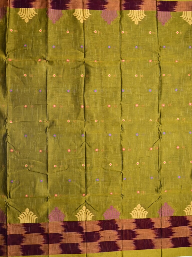 Dhaka cotton saree olive green color allover motifs & contrast border with contrast pallu