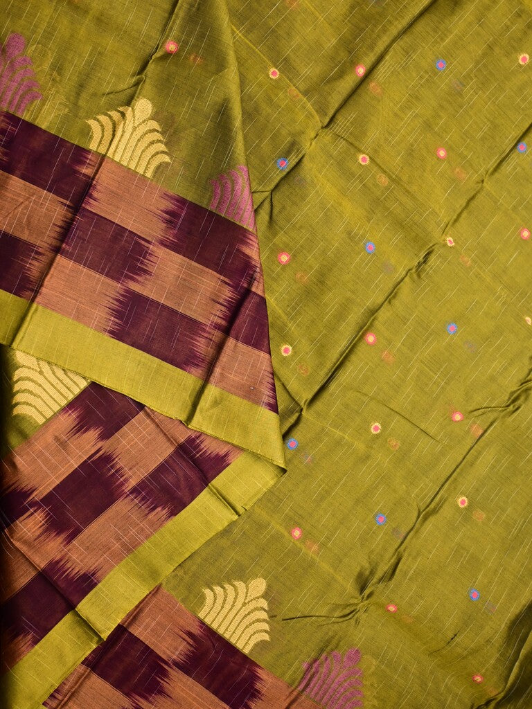 Dhaka cotton saree olive green color allover motifs & contrast border with contrast pallu