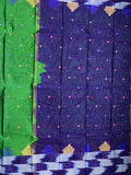 Dhaka cotton saree parrot green color allover motifs & contrast border with contrast pallu