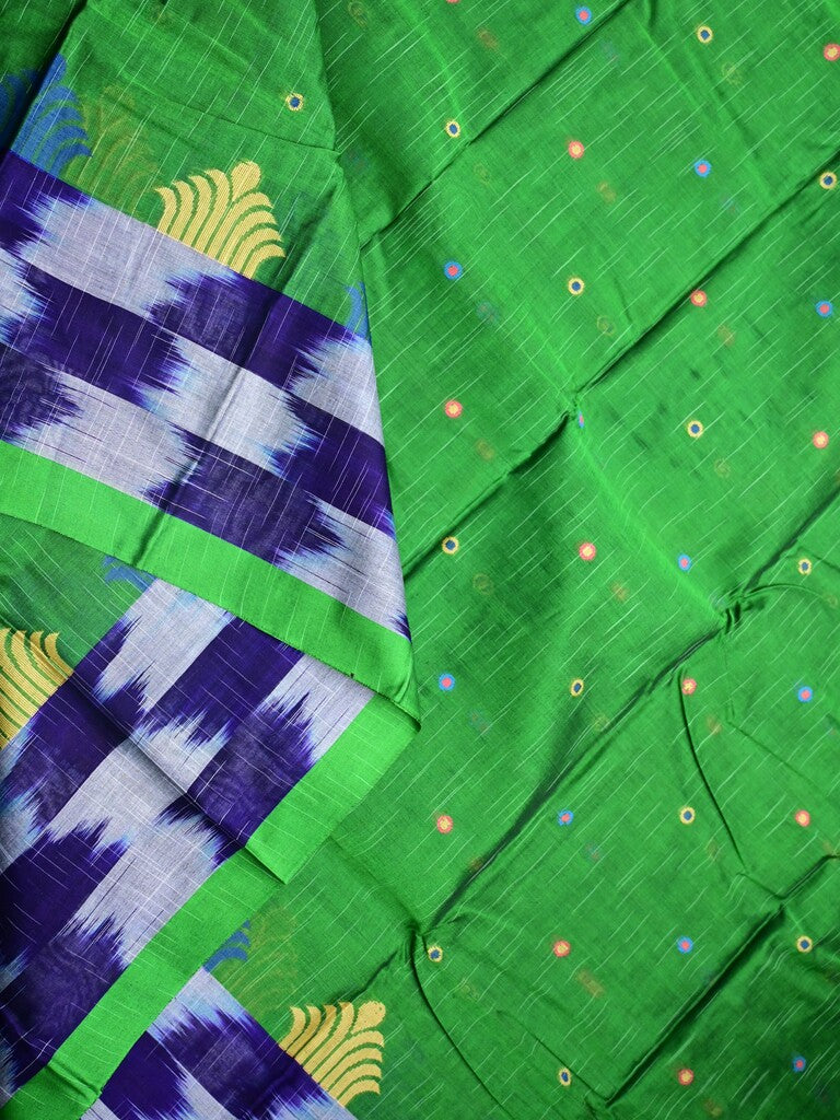 Dhaka cotton saree parrot green color allover motifs & contrast border with contrast pallu