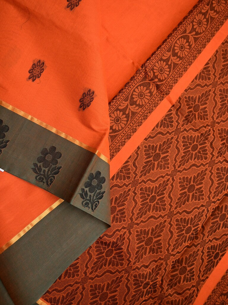 Kanchi cotton saree orange color allover motifs & small border with rich pallu and attached plain blouse