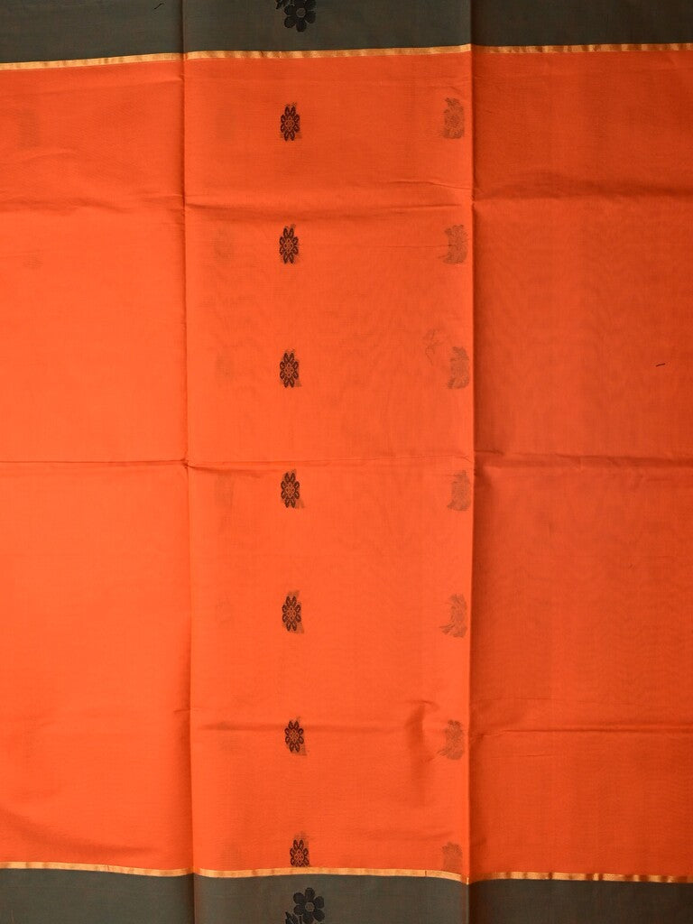 Kanchi cotton saree orange color allover motifs & small border with rich pallu and attached plain blouse