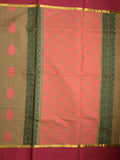 Kanchi cotton saree dark beige color allover motifs & small border with rich pallu and attached plain blouse