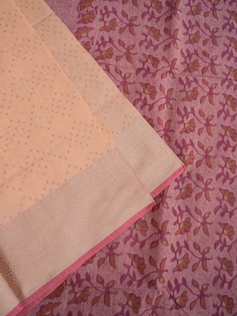 Soft chanderi fancy saree peach color allover motifs & zari border with printed pallu and printed blouse