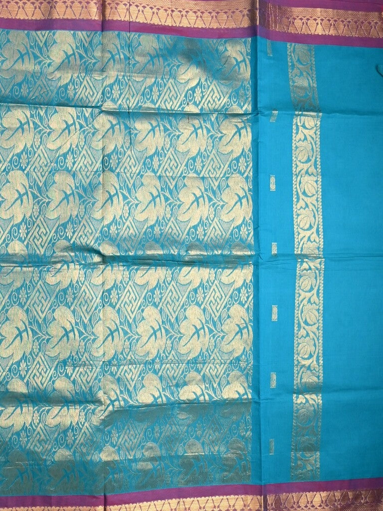 Kanchi cotton saree sky blue color allover zari motifs & zari border with rich pallu