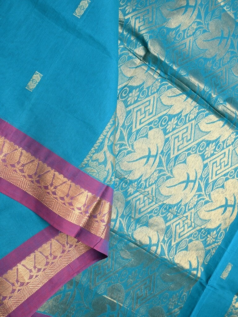 Kanchi cotton saree sky blue color allover zari motifs & zari border with rich pallu