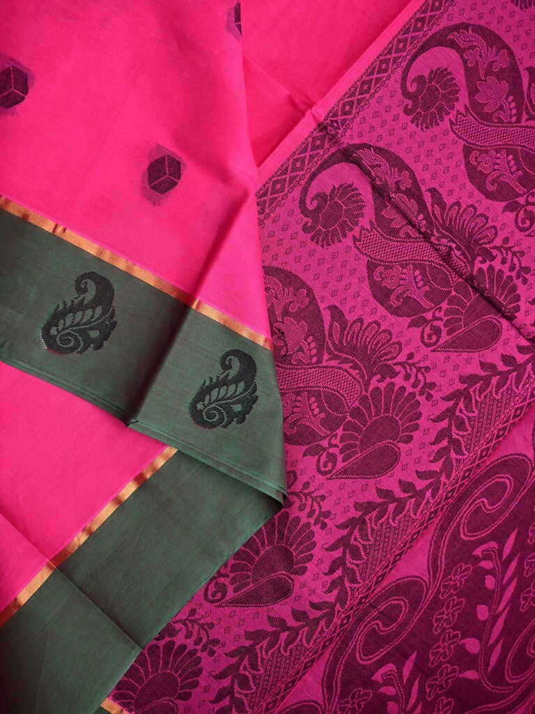 Kanchi cotton saree pink color allover motifs & small border with rich pallu and attached plain blouse