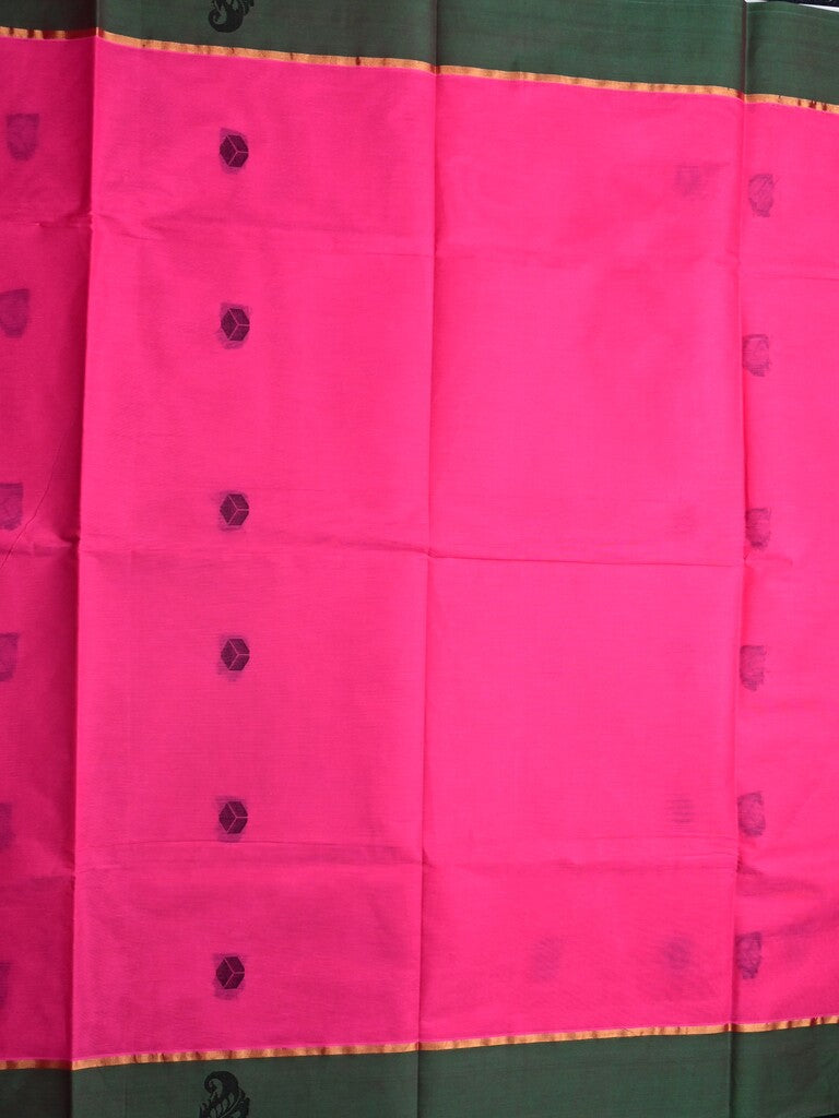 Kanchi cotton saree pink color allover motifs & small border with rich pallu and attached plain blouse