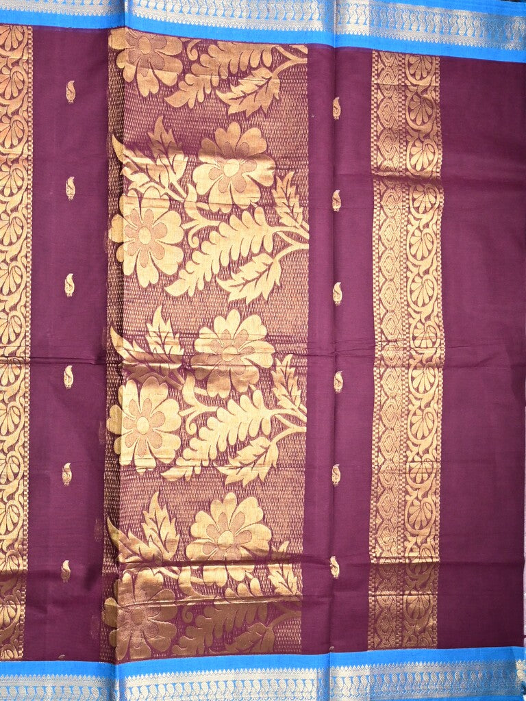 Kanchi cotton saree maroon color allover zari motifs & zari border with rich pallu