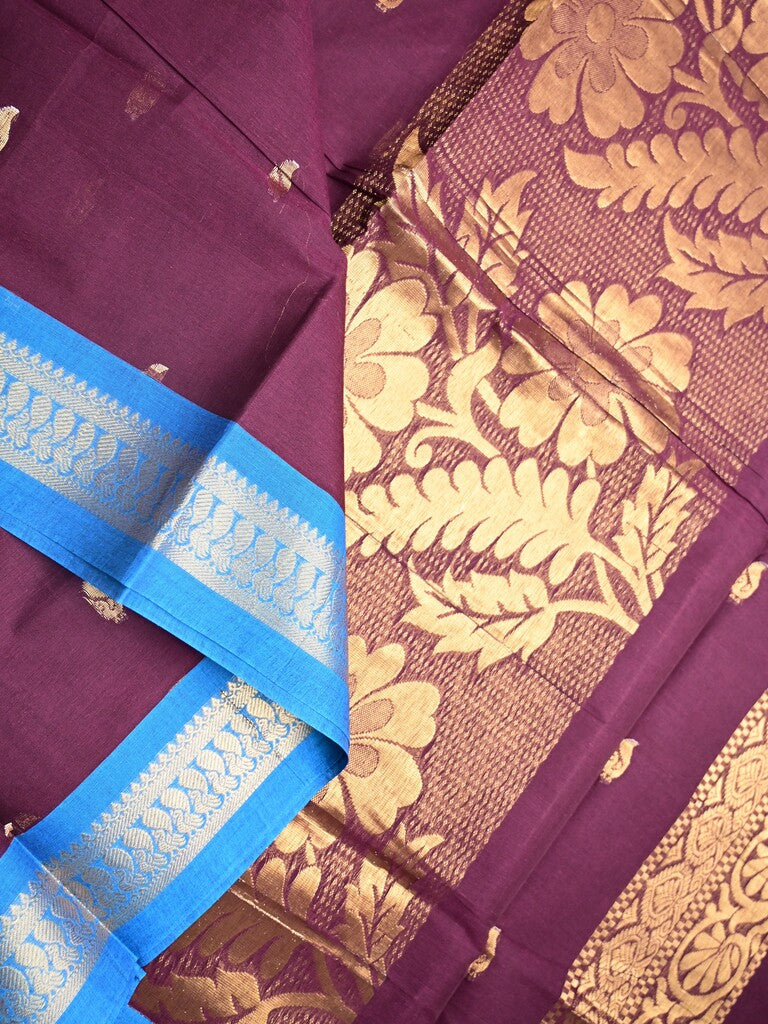 Kanchi cotton saree maroon color allover zari motifs & zari border with rich pallu