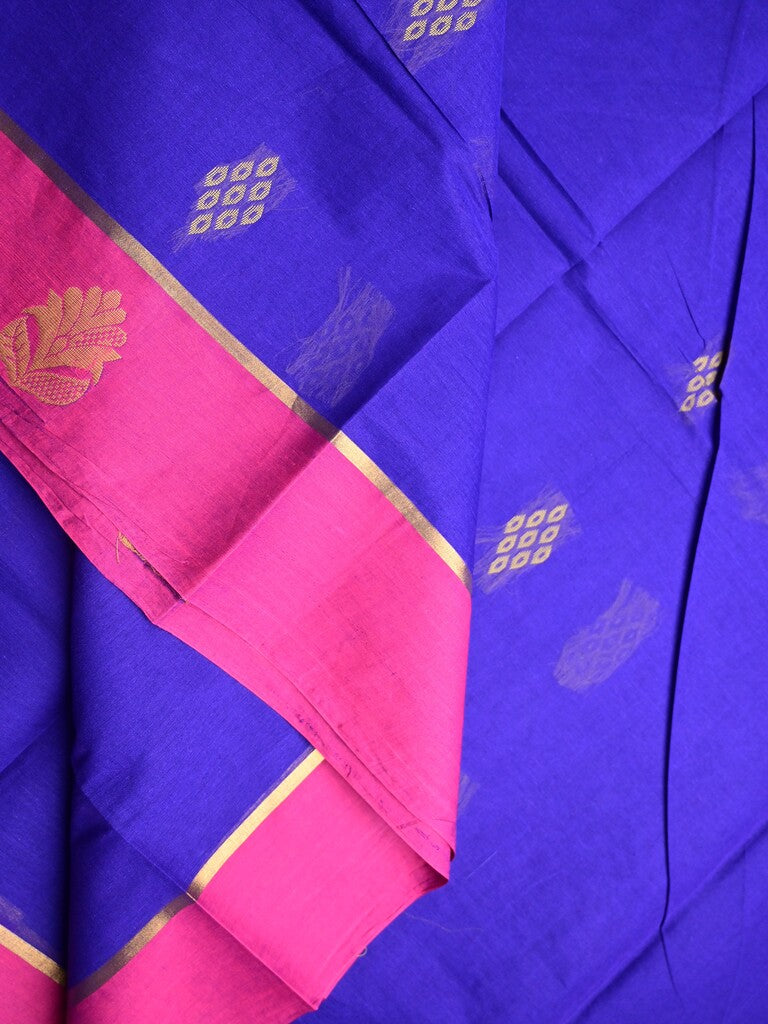 Kanchi cotton saree royal blue color allover motifs & small border with rich pallu and attached plain blouse