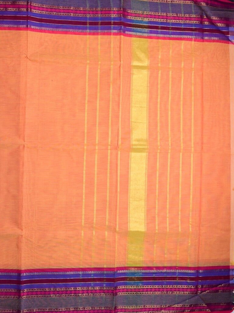 Kanchi cotton saree peach color allover plain & contrast zari border with stripes pallu and plain self blouse