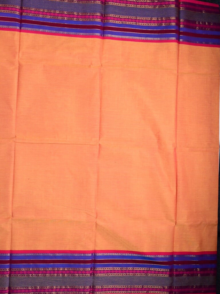 Kanchi cotton saree peach color allover plain & contrast zari border with stripes pallu and plain self blouse