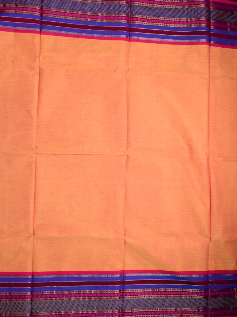 Kanchi cotton saree peach color allover plain & contrast zari border with stripes pallu and plain self blouse