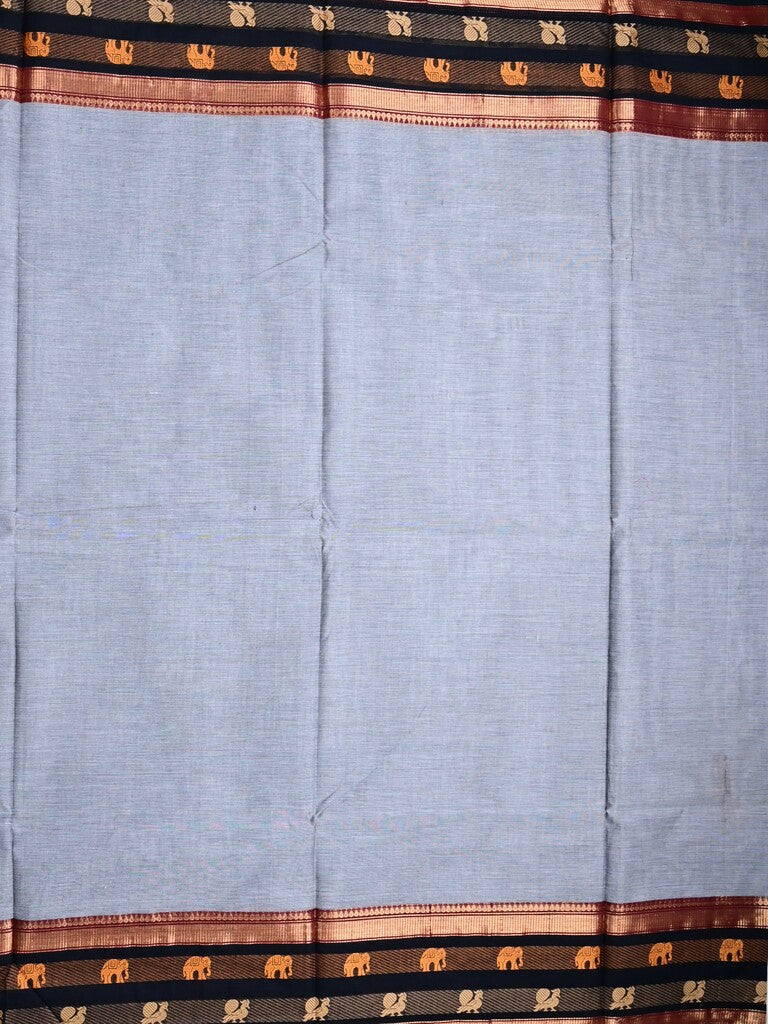 Kanchi cotton saree grey color allover plain & contrast zari border with stripes pallu and plain self blouse