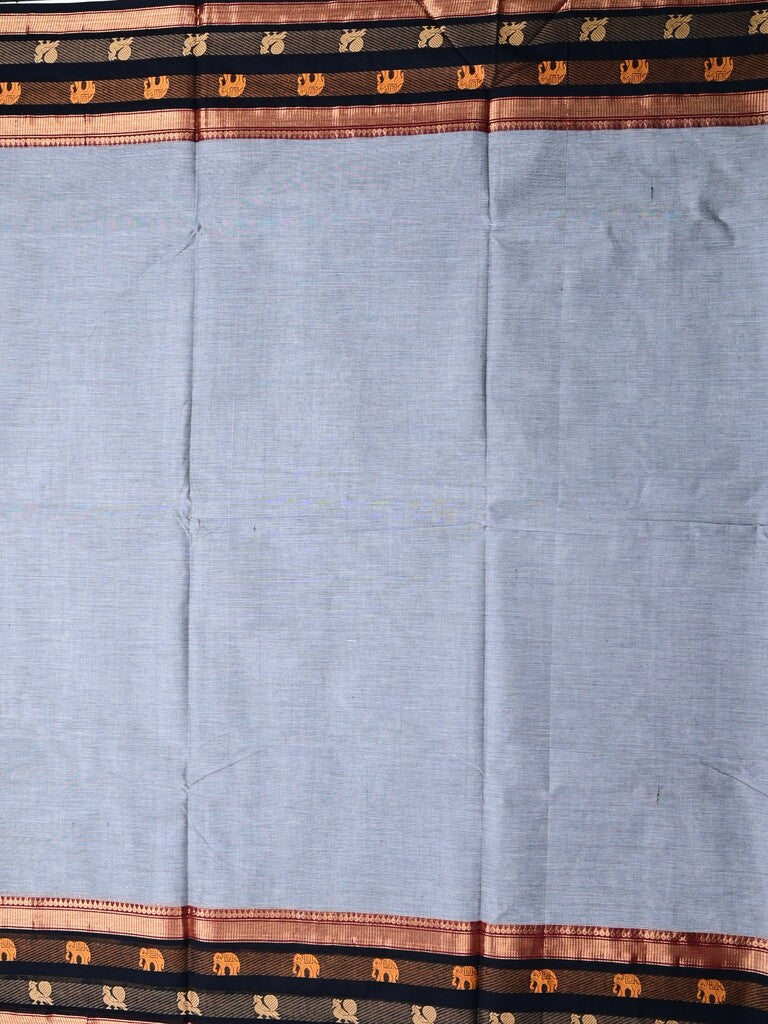 Kanchi cotton saree grey color allover plain & contrast zari border with stripes pallu and plain self blouse