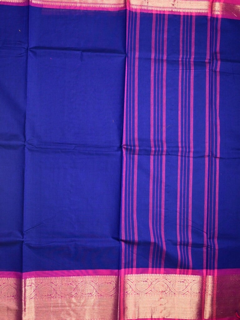 Kanchi cotton saree royal blue color allover plain & contrast zari border with stripes pallu and plain self blouse