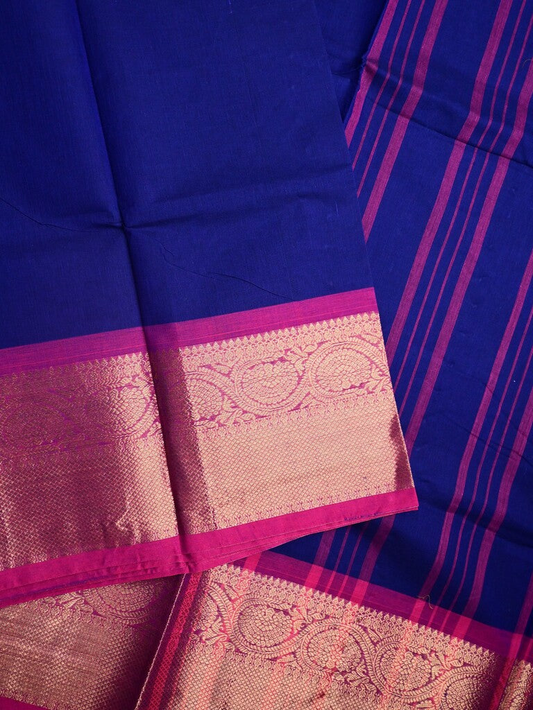 Kanchi cotton saree royal blue color allover plain & contrast zari border with stripes pallu and plain self blouse