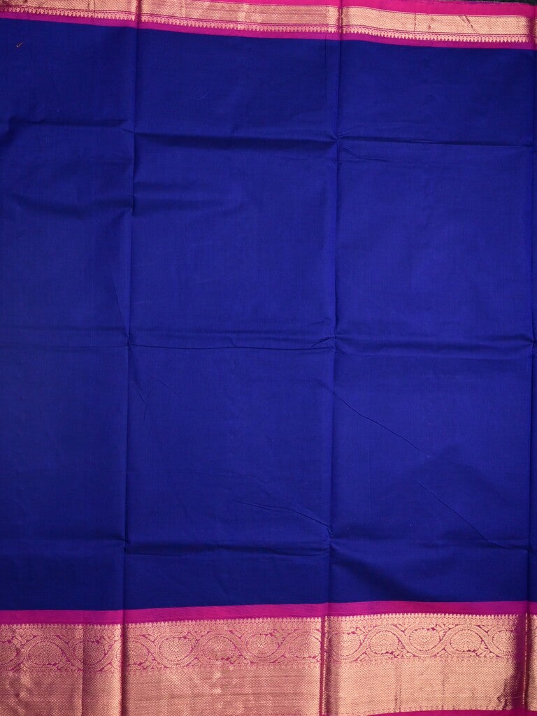 Kanchi cotton saree royal blue color allover plain & contrast zari border with stripes pallu and plain self blouse