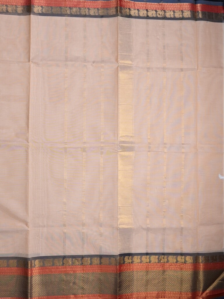 Kanchi cotton saree light peach color allover plain & contrast zari border with stripes pallu and plain self blouse