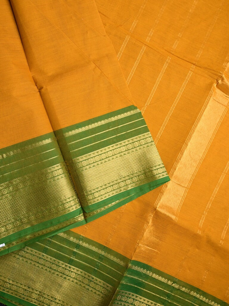 Kanchi cotton saree mustard yellow color allover plain & contrast zari border with stripes pallu and plain self blouse