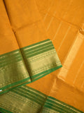 Kanchi cotton saree mustard yellow color allover plain & contrast zari border with stripes pallu and plain self blouse