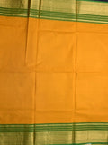 Kanchi cotton saree mustard yellow color allover plain & contrast zari border with stripes pallu and plain self blouse