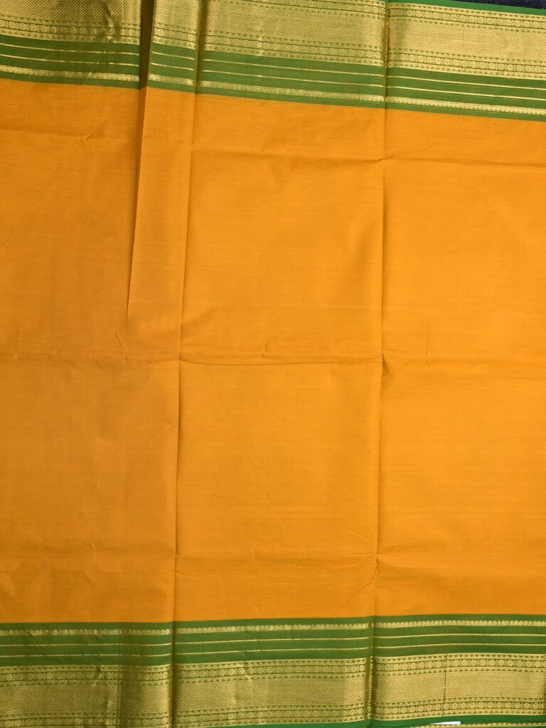 Kanchi cotton saree mustard yellow color allover plain & contrast zari border with stripes pallu and plain self blouse