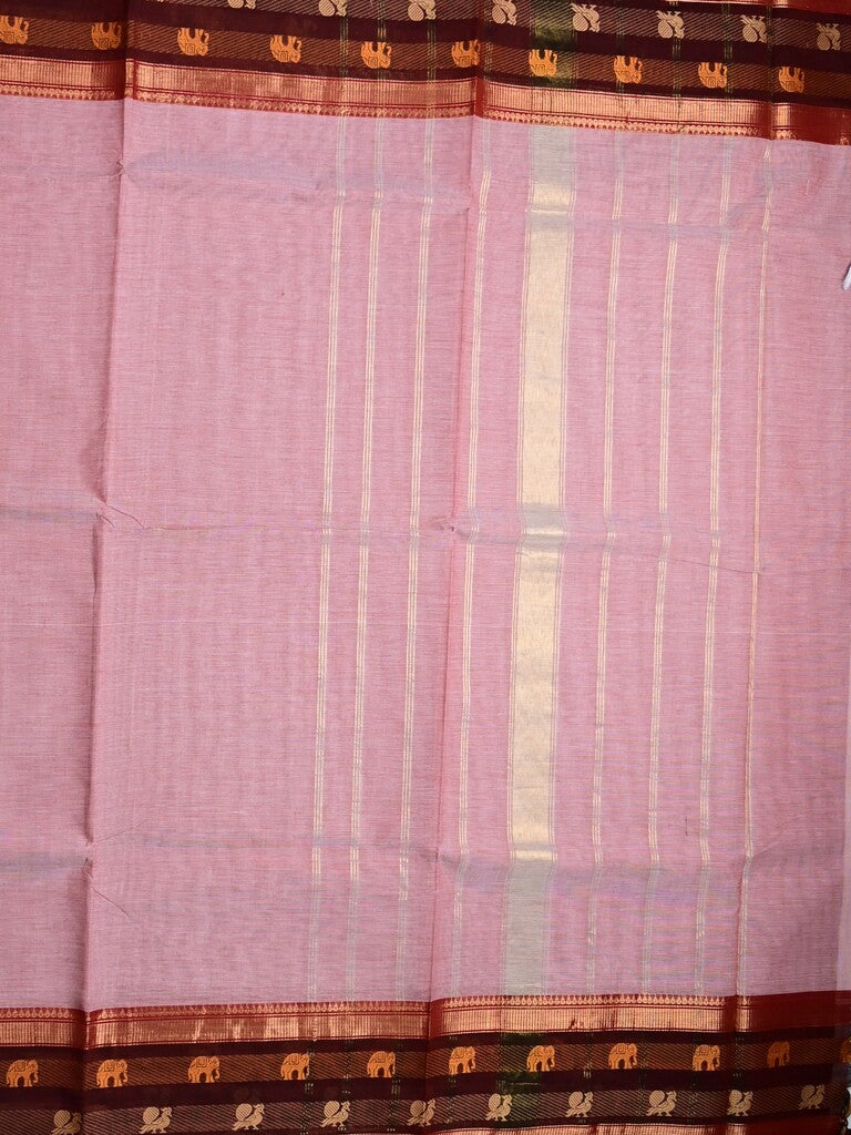 Kanchi cotton saree light onion pink color allover plain & contrast zari border with stripes pallu and plain self blouse