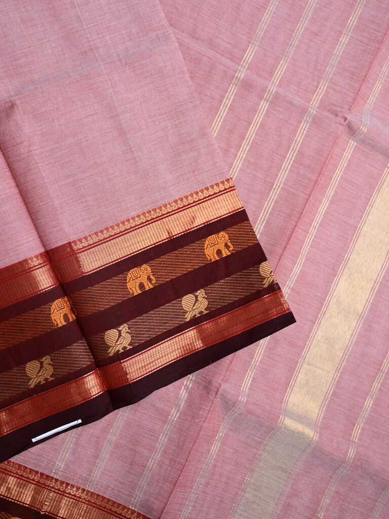 Kanchi cotton saree light onion pink color allover plain & contrast zari border with stripes pallu and plain self blouse