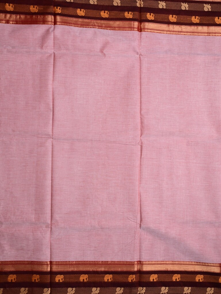 Kanchi cotton saree light onion pink color allover plain & contrast zari border with stripes pallu and plain self blouse