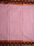 Kanchi cotton saree light onion pink color allover plain & contrast zari border with stripes pallu and plain self blouse