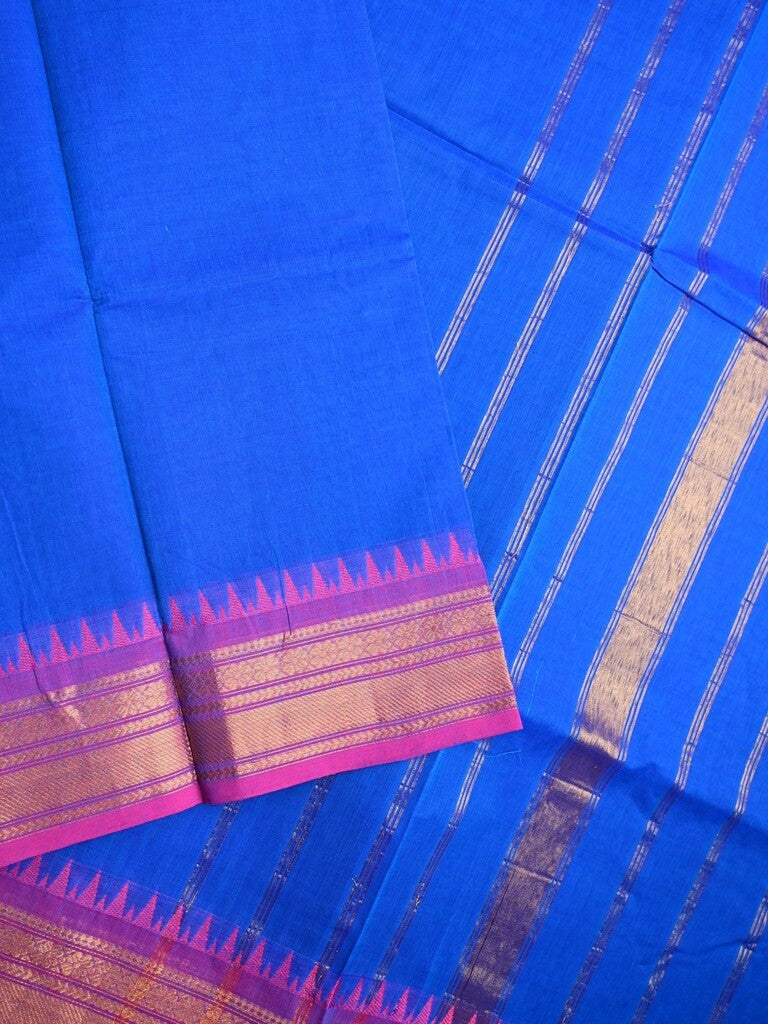 Kanchi cotton saree sky blue color allover plain & contrast zari border with stripes pallu and plain self blouse