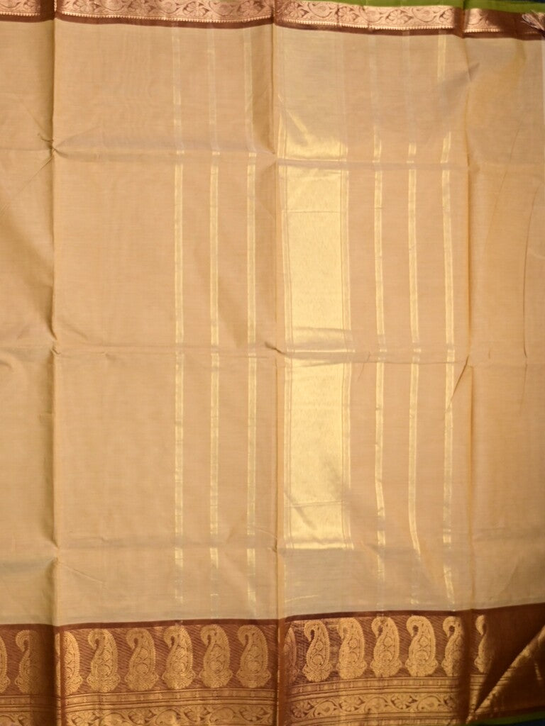 Kanchi cotton saree beige color allover plain & contrast zari border with stripes pallu and plain self blouse