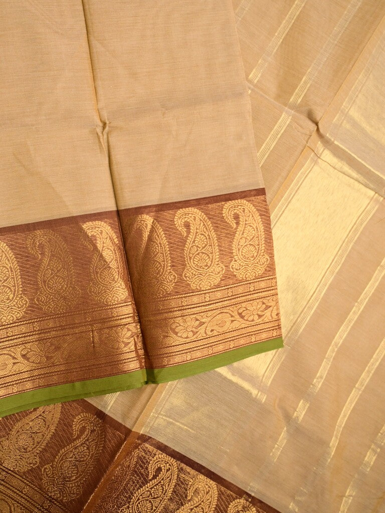 Kanchi cotton saree beige color allover plain & contrast zari border with stripes pallu and plain self blouse