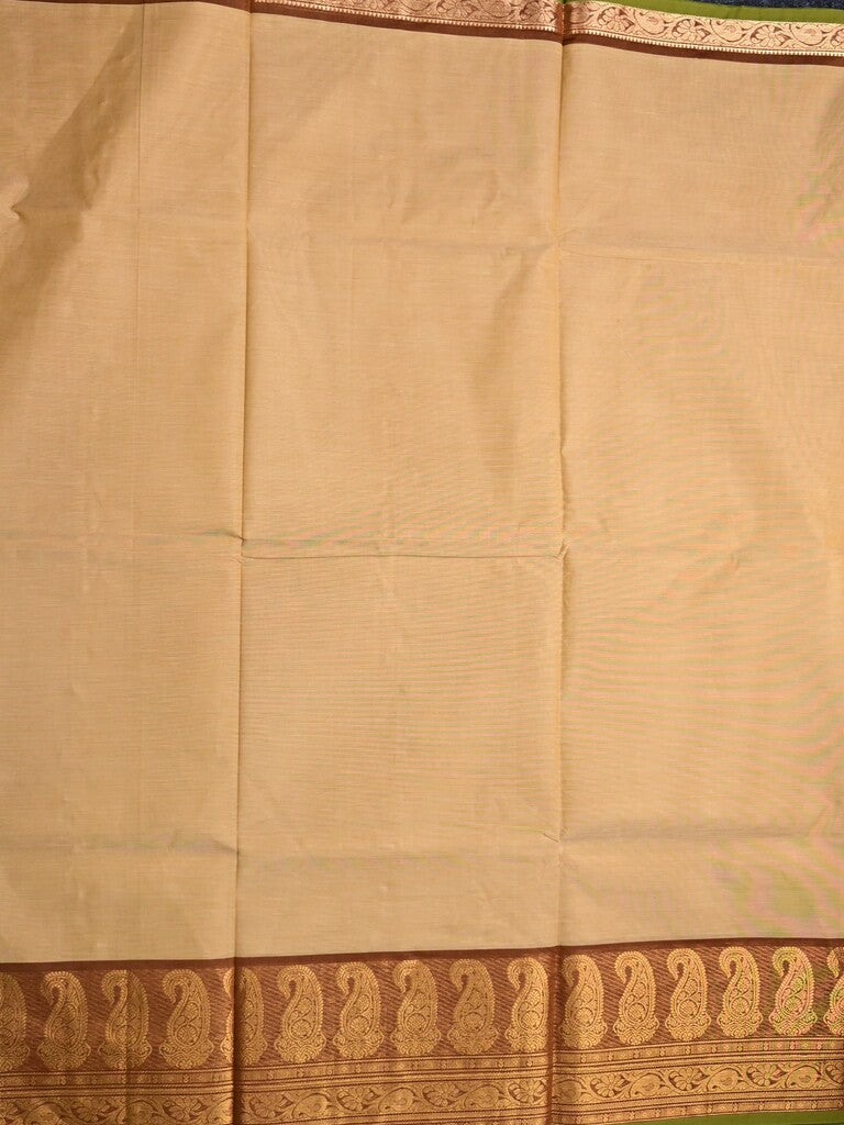 Kanchi cotton saree beige color allover plain & contrast zari border with stripes pallu and plain self blouse