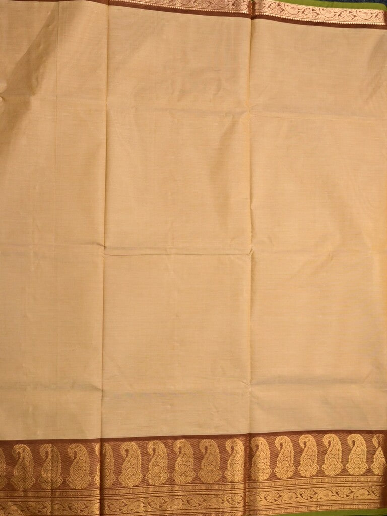 Kanchi cotton saree beige color allover plain & contrast zari border with stripes pallu and plain self blouse