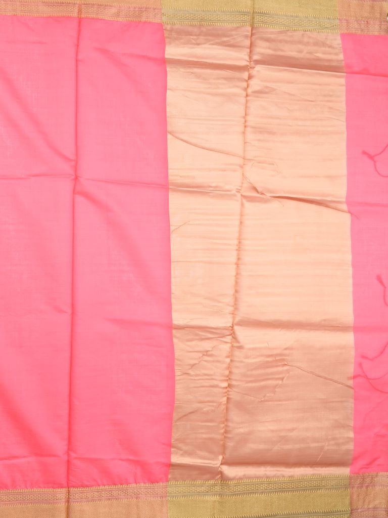 Jute fancy saree dark pink color allover plain & zari border with zari pallu and contrast brocade blouse