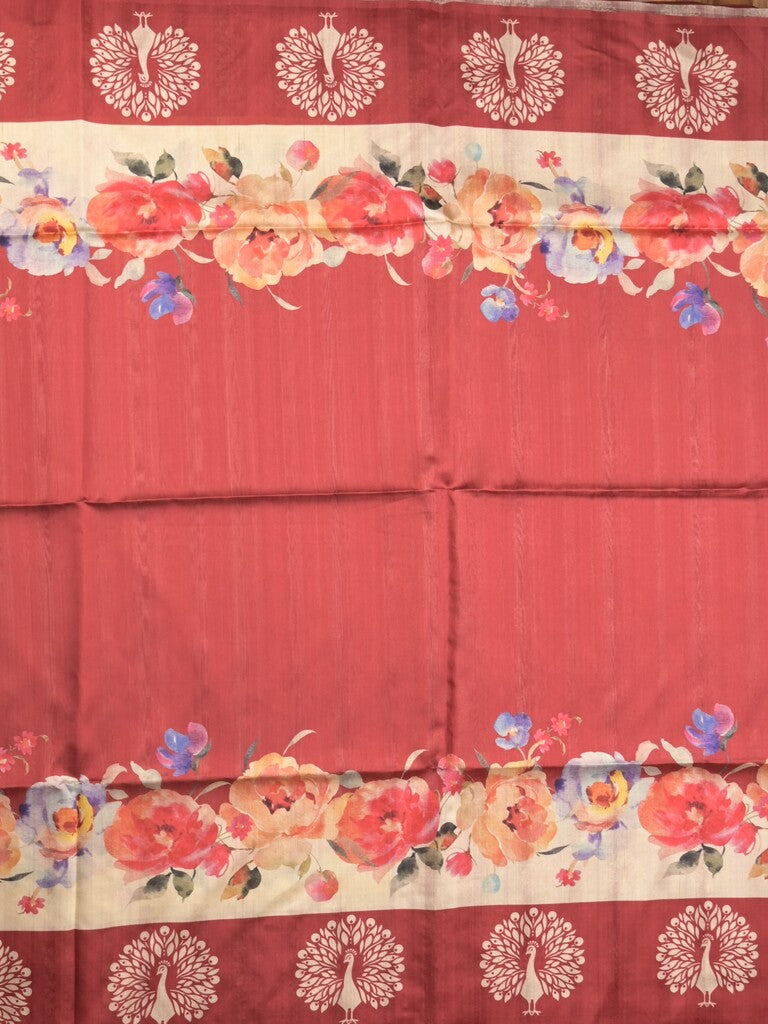 Tussar fancy saree red color allover plain & contrast printed border with running pallu and printed blouse