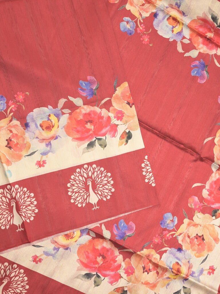 Tussar fancy saree red color allover plain & contrast printed border with running pallu and printed blouse