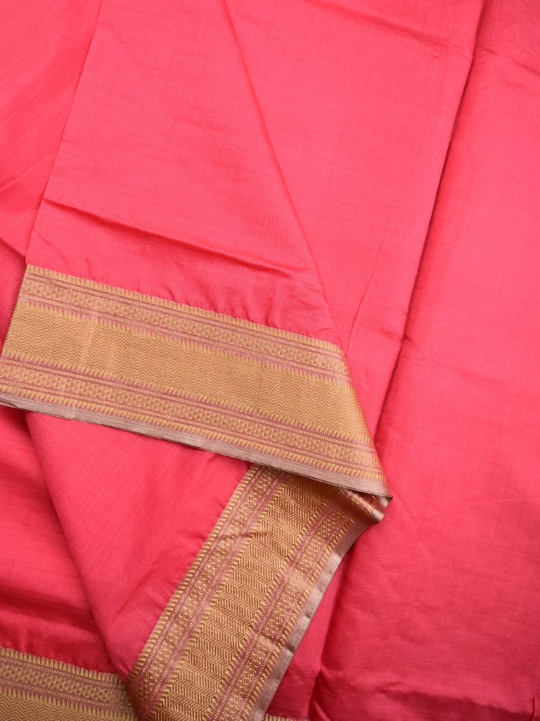 Jute fancy saree dark pink color allover plain & zari border with zari pallu and contrast brocade blouse