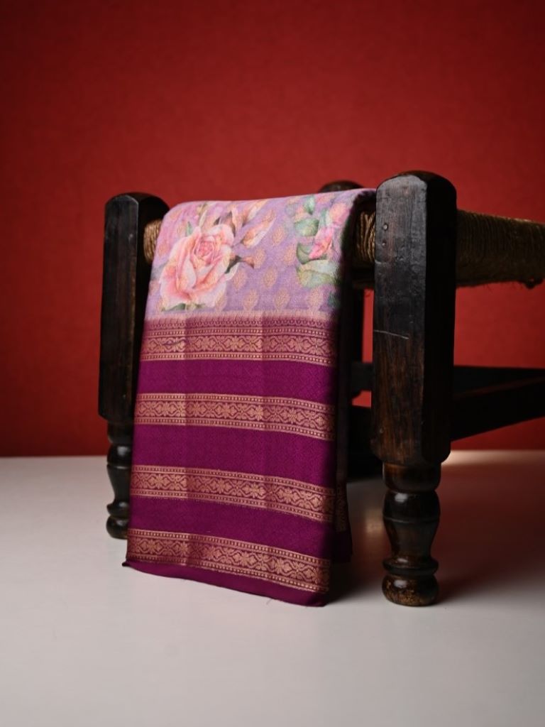 Organza fancy saree light purple color allover digital prints & big zari border with contrast jacquard pallu and blouse