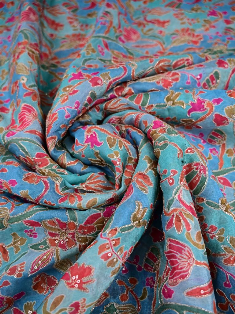 Chinnon fabric sky blue color with allover floral prints and sequence work