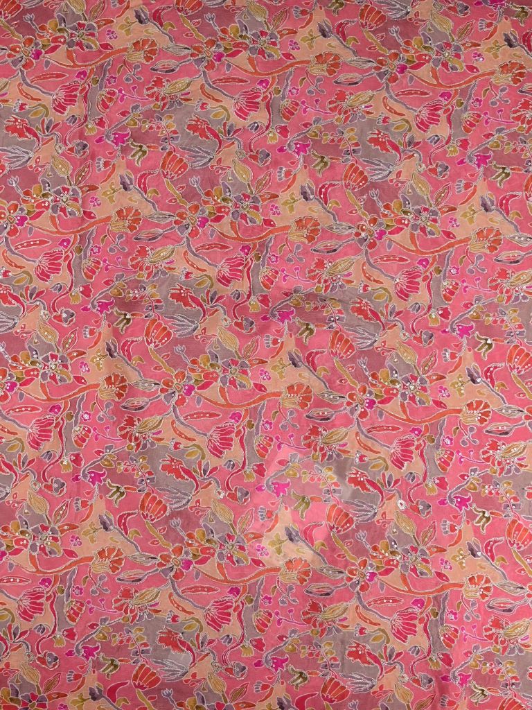 Chinnon fabric pink color with allover floral prints and sequence work