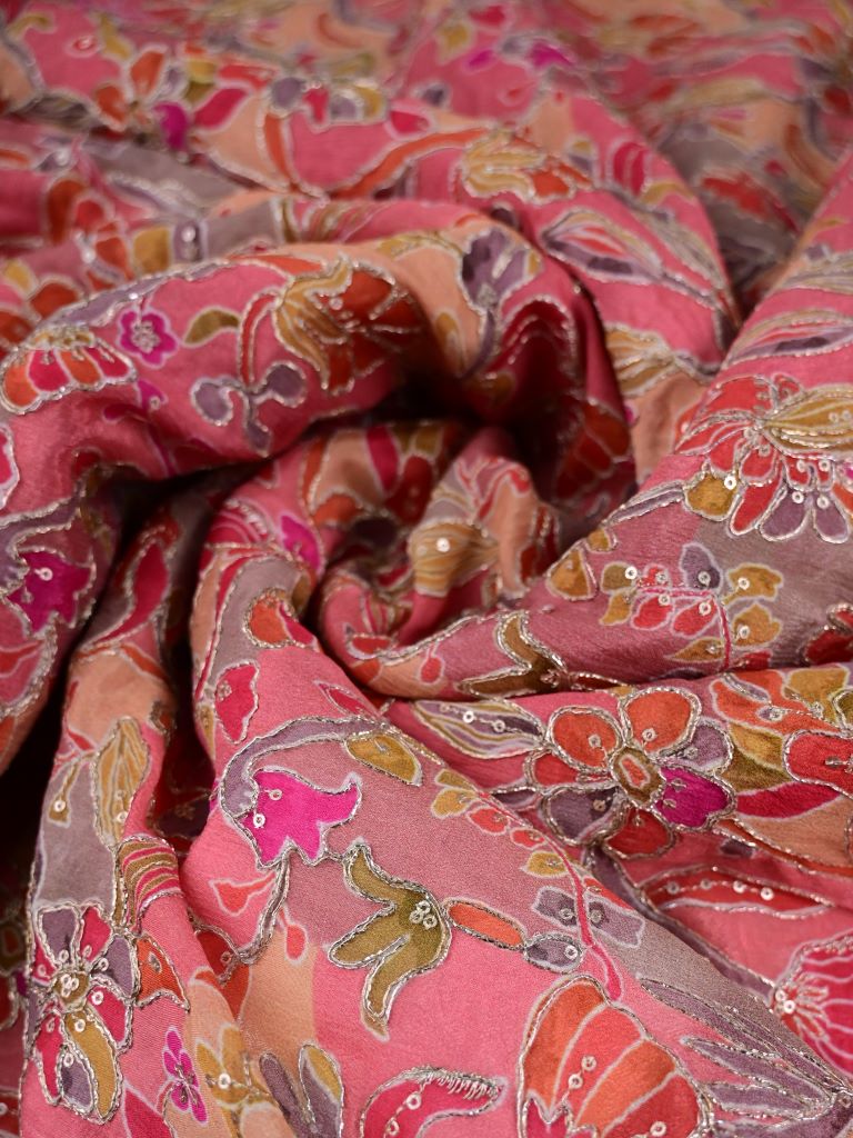 Chinnon fabric pink color with allover floral prints and sequence work