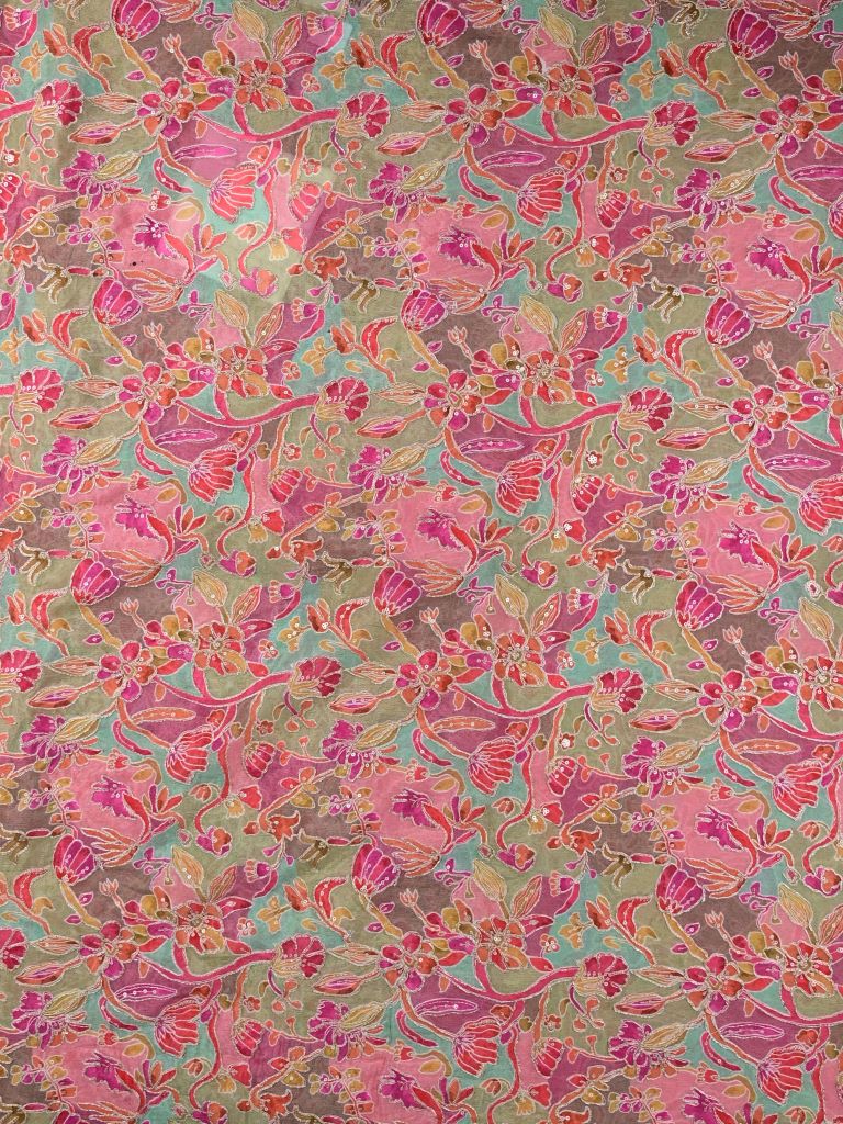 Chinnon fabric pink and green color with allover floral prints and sequence work