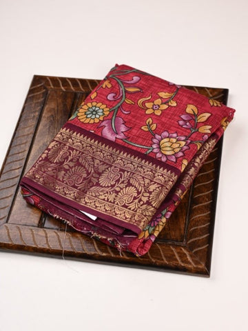 Dola silk fancy saree red color allover digital prints & zari border with stripes pallu and printed blouse