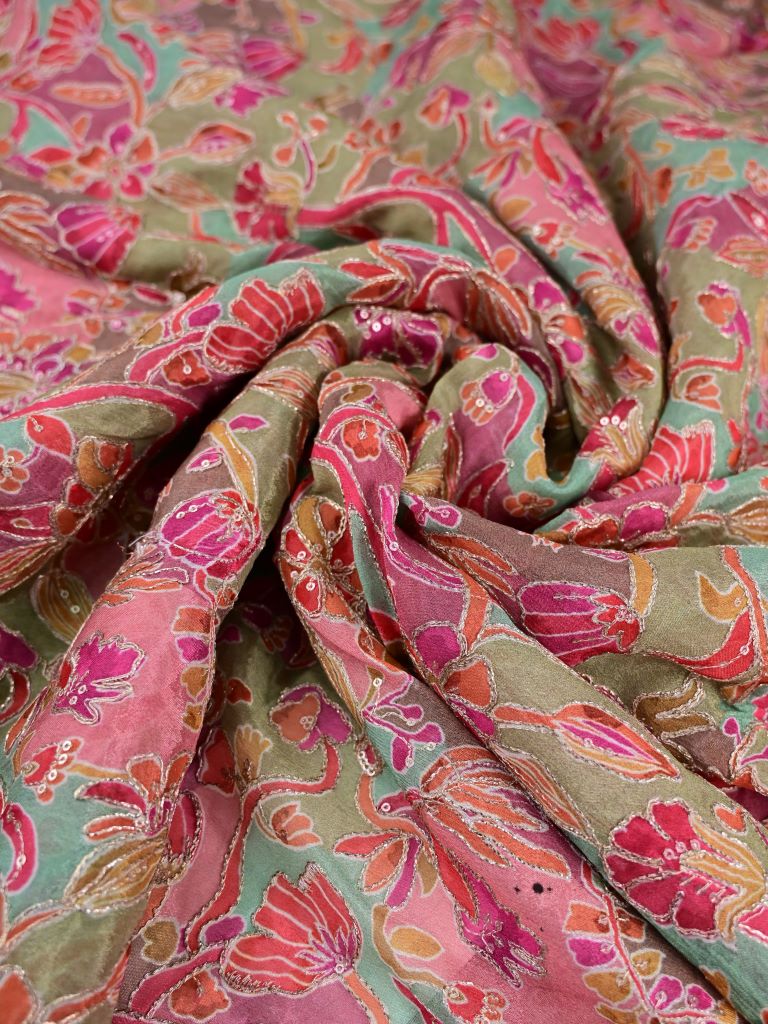 Chinnon fabric pink and green color with allover floral prints and sequence work