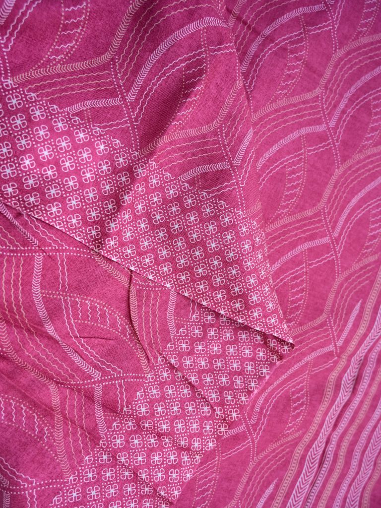 Soft tussar fancy saree rose pink color allover prints & kaddi border with printed pallu and printed blouse